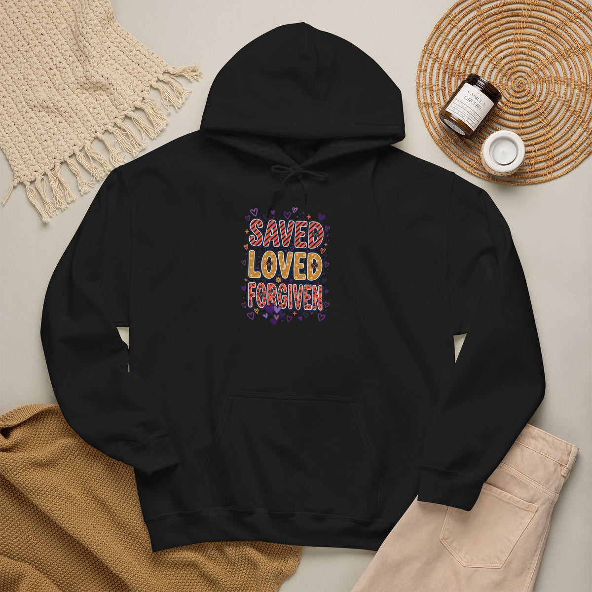 Saved Loved Praised hoodie | Christian rainbow scripture design
