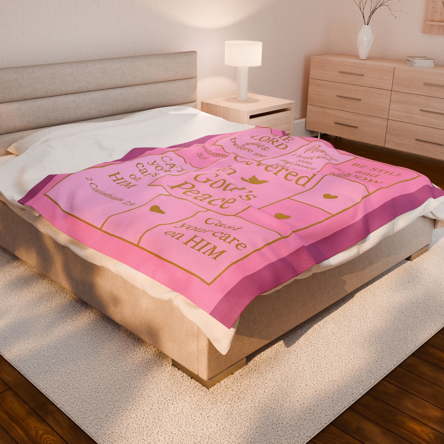 Covered in God's Peace Velveteen Plush Blanket — Inspirational Scripture Throw (Pink)