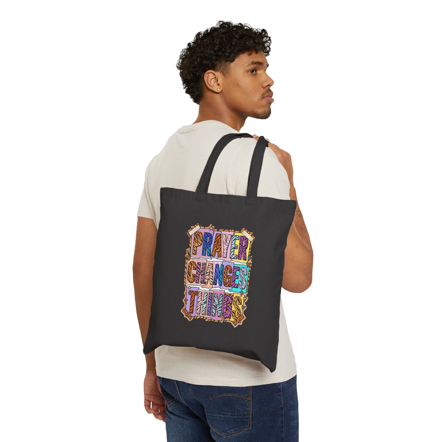 Prayer Changes Things Tote | Christian Rainbow Scripture Quote Canvas Tote