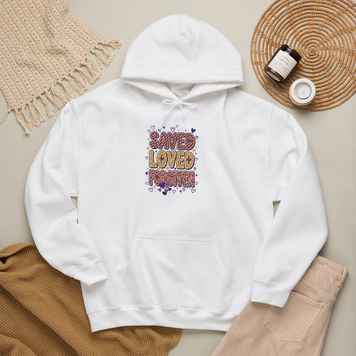 Saved Loved Praised hoodie | Christian rainbow scripture design