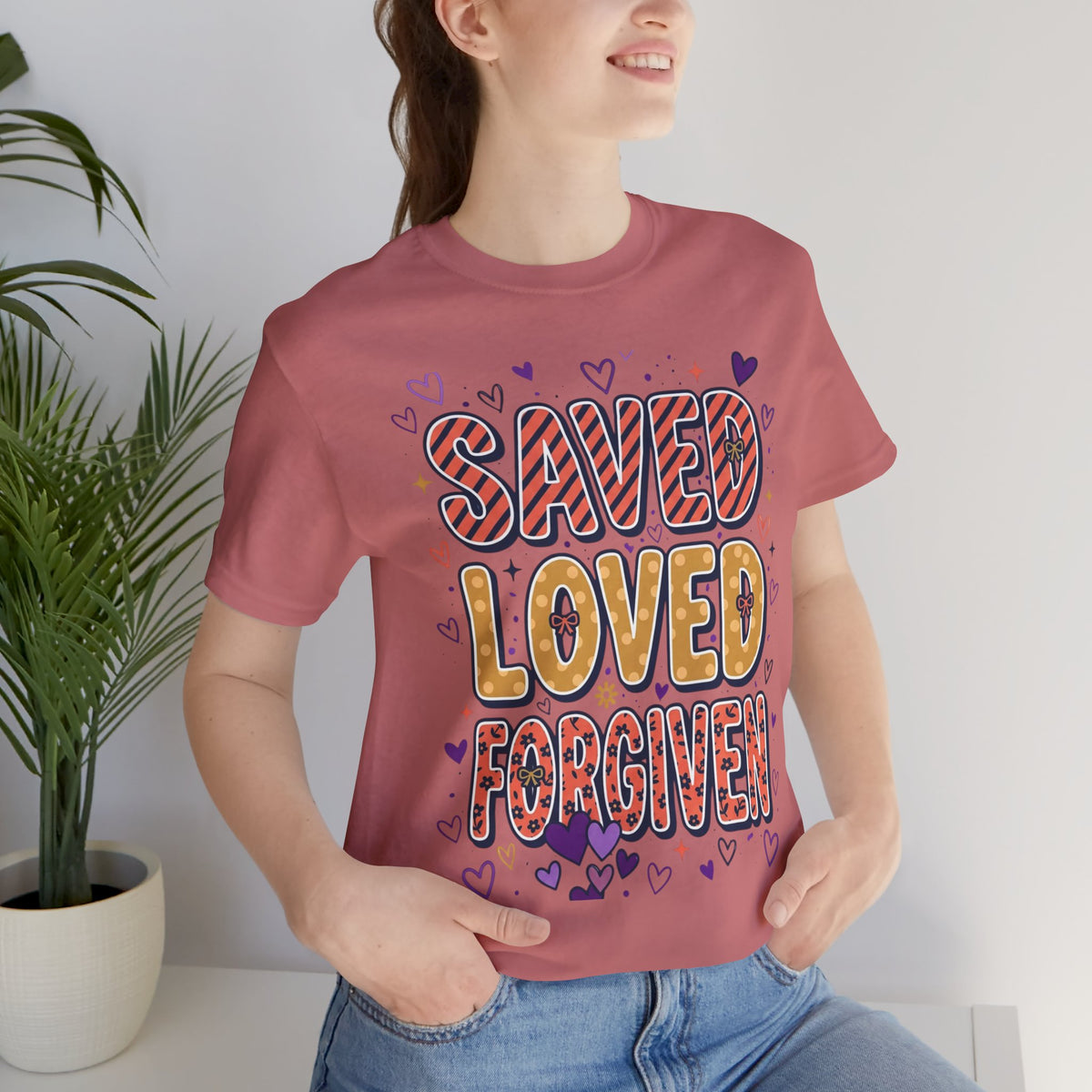 Saved Loved Forgiven T-Shirt | Christian Rainbow Scripture Tee, Playful Faith