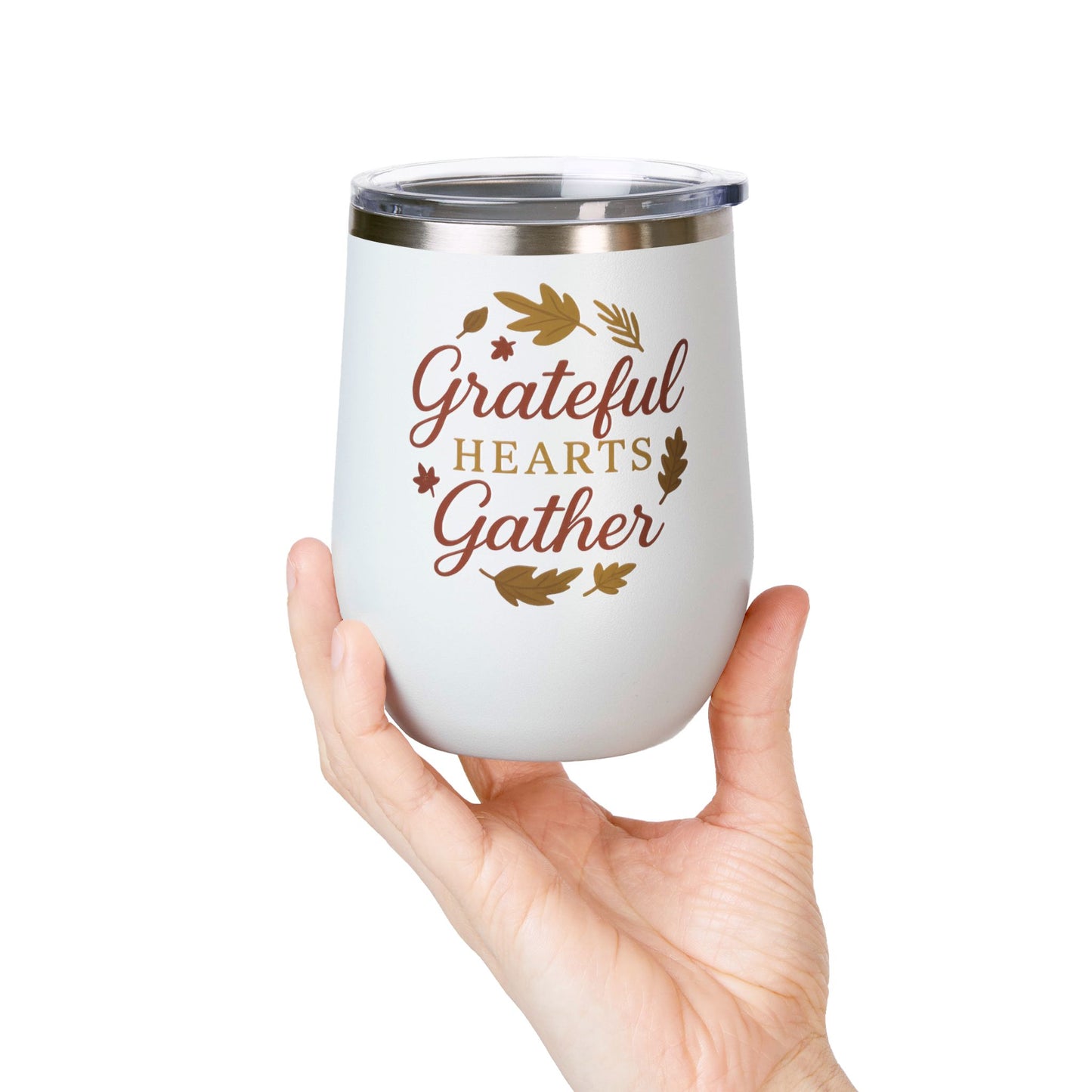 Grateful Hearts Gather 12oz Wine Tumbler — Thanksgiving Fall Leaves Stemless Cup