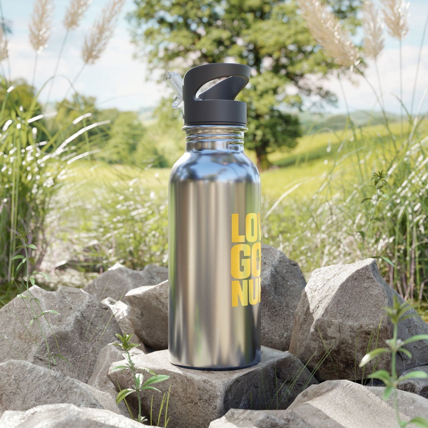 Stainless Steel Water Bottle — "Love God Nuff" Gold Text, 20oz Straw Bottle