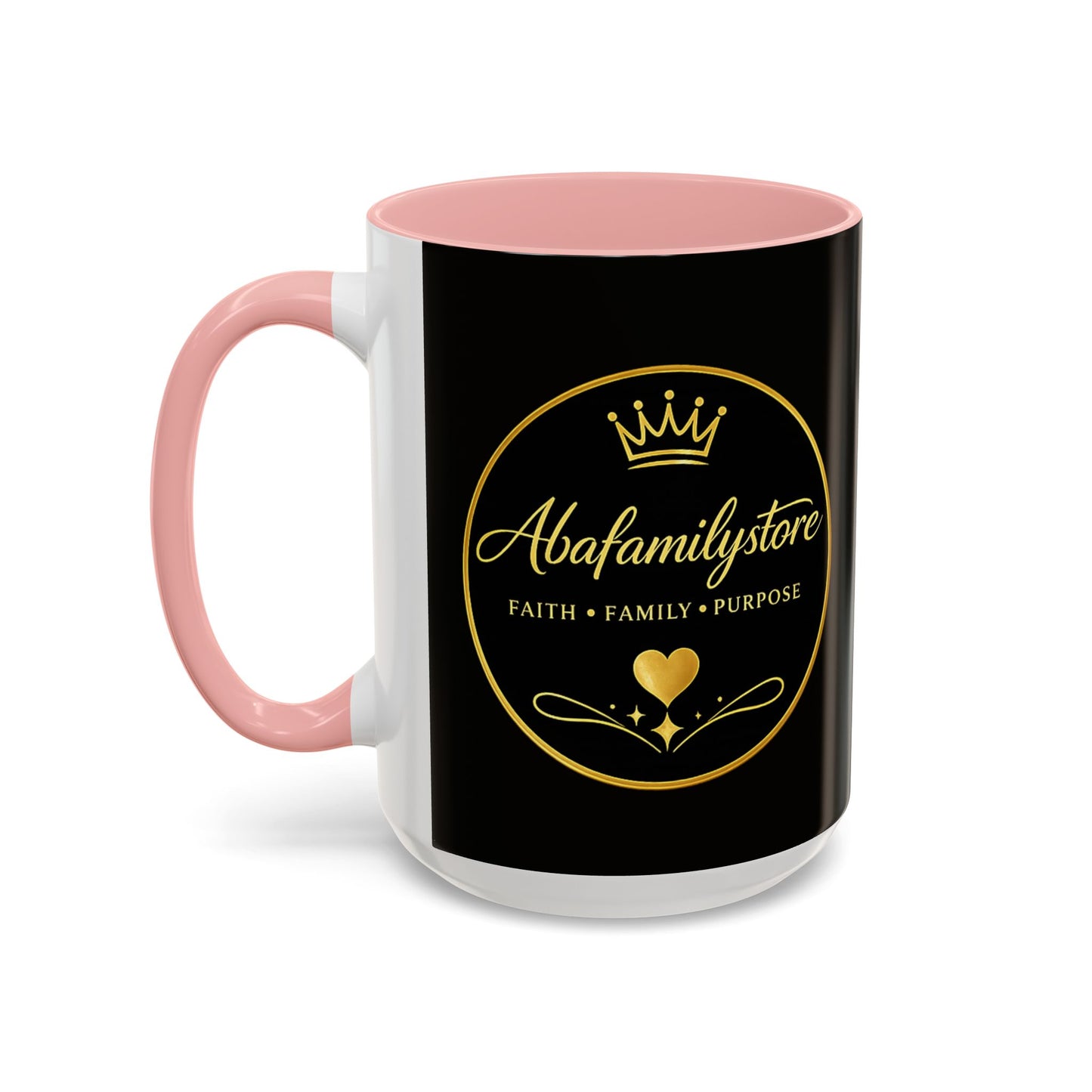 Black Accent Coffee Mug — "Abafamilystore: Faith • Family • Purpose" Gold Logo