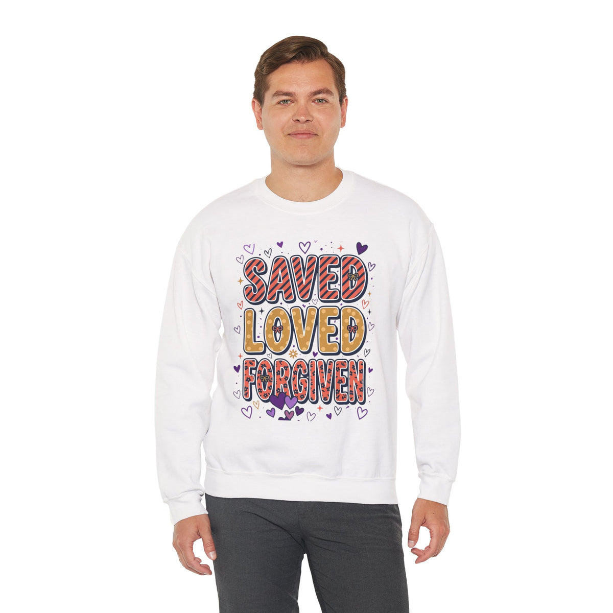Saved Loved Forgiven Sweatshirt | Christian rainbow scripture style