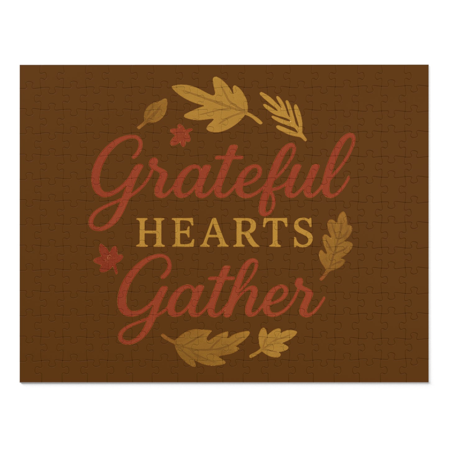 Grateful Hearts Gather Jigsaw Puzzle — Thanksgiving Fall Leaves Puzzle with Tin