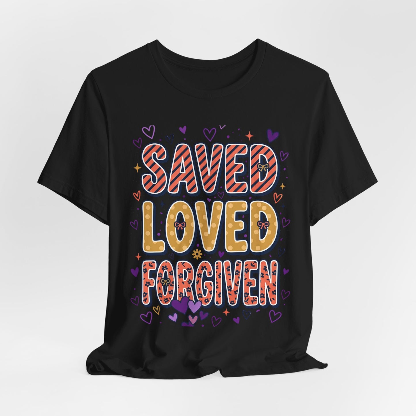 Saved Loved Forgiven T-Shirt | Christian Rainbow Scripture Tee, Playful Faith