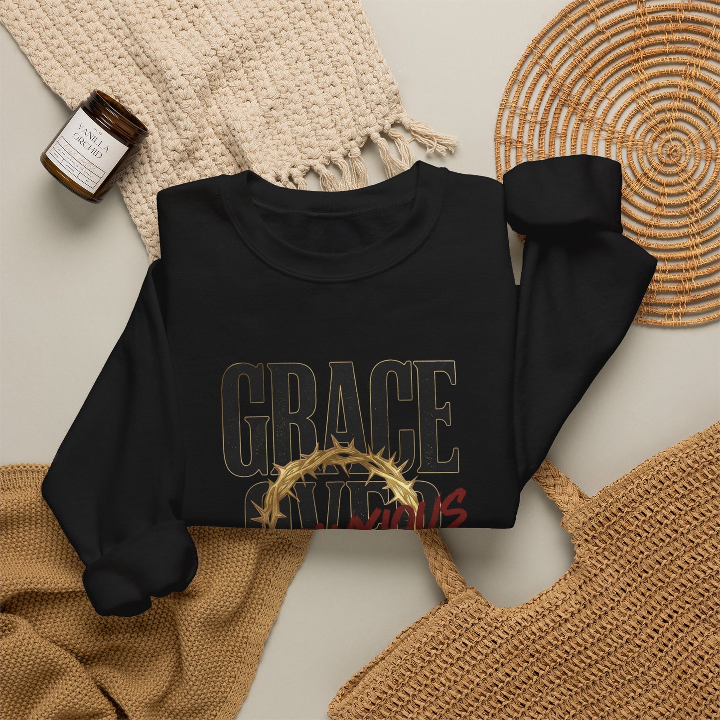 Grace Over Fear Crewneck Sweatshirt | Christian Streetwear, Distressed Thorn Graphic