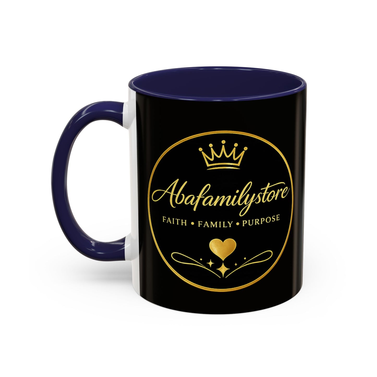 Black Accent Coffee Mug — "Abafamilystore: Faith • Family • Purpose" Gold Logo