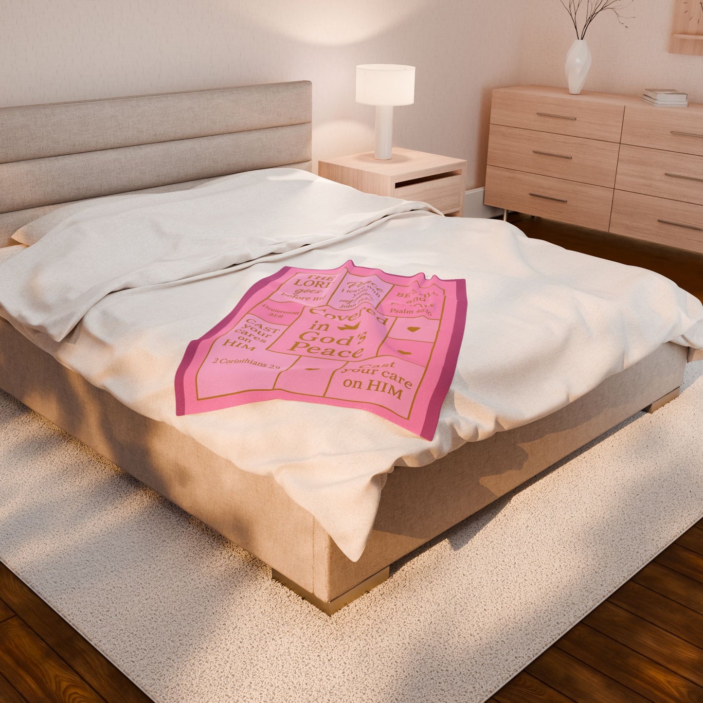 Covered in God's Peace Velveteen Plush Blanket — Inspirational Scripture Throw (Pink)