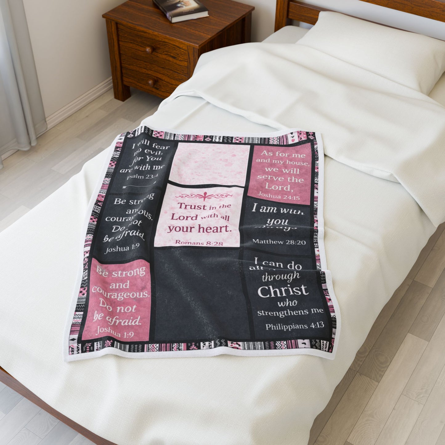 Inspirational Scripture Velveteen Plush Blanket — Christian Bible Verse Throw (Psalm, Joshua, Romans, Matthew, Philippians)