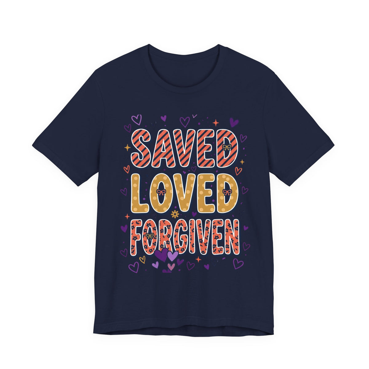 Saved Loved Forgiven T-Shirt | Christian Rainbow Scripture Tee, Playful Faith