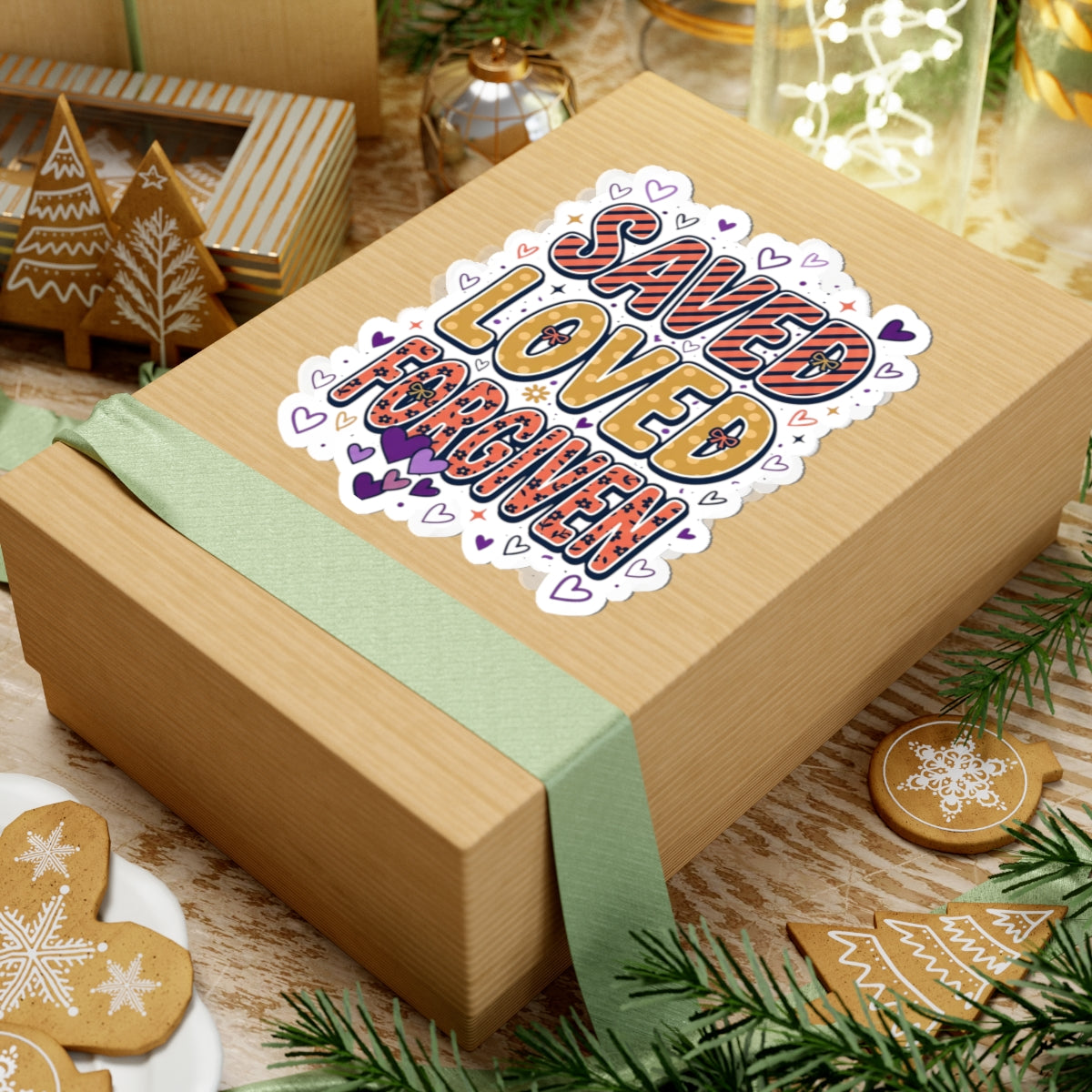 Saved Loved Forgiven Sticker | Christian faith, colorful script