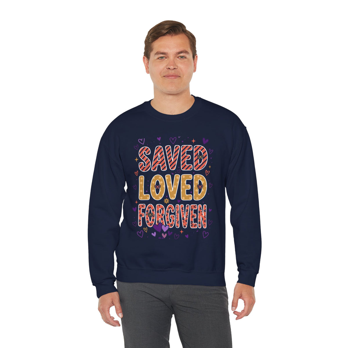 Saved Loved Forgiven Sweatshirt | Christian rainbow scripture style