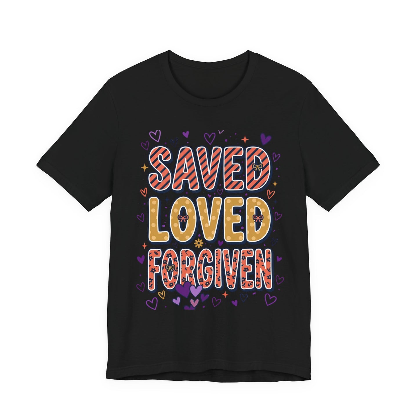 Saved Loved Forgiven T-Shirt | Christian Rainbow Scripture Tee, Playful Faith