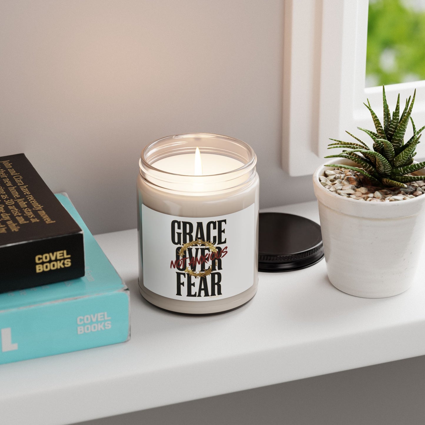 Grace Over Fear Soy Candle | Christian Streetwear Typography, Distressed Script