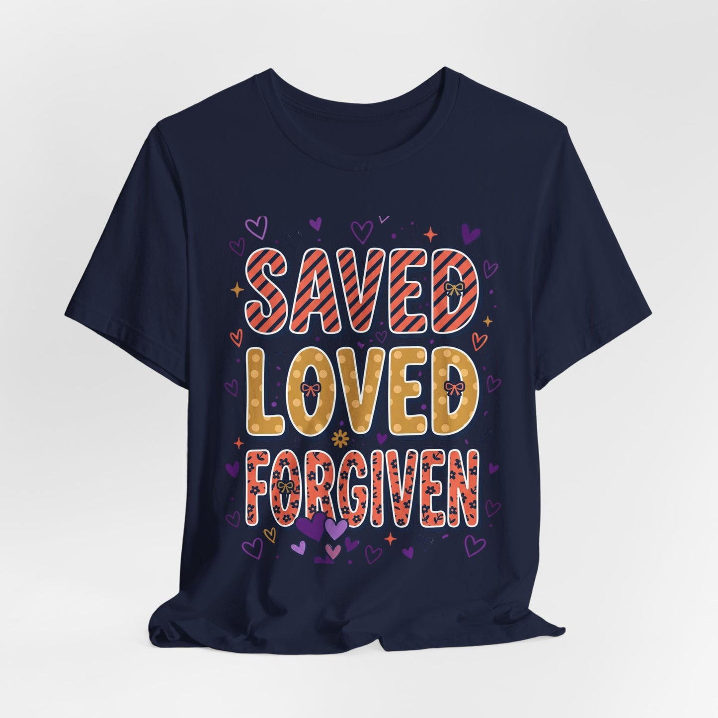 Saved Loved Forgiven T-Shirt | Christian Rainbow Scripture Tee, Playful Faith