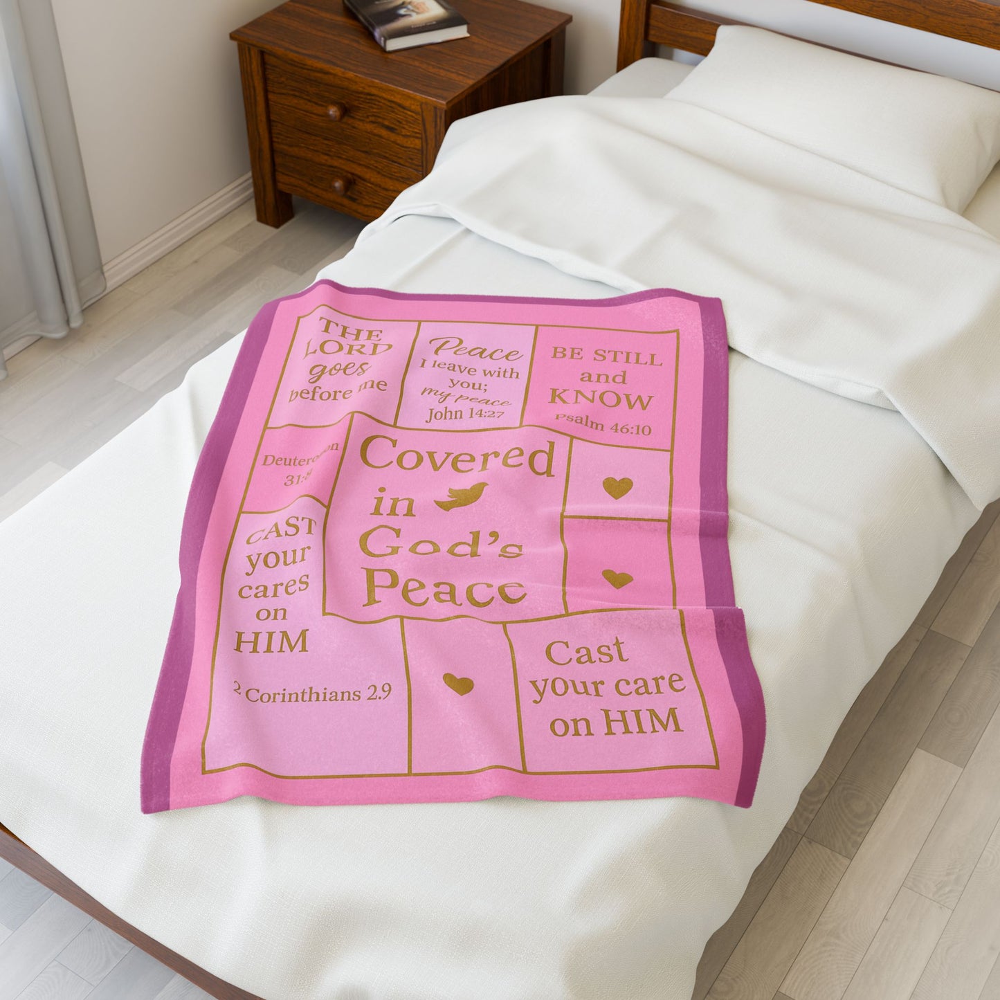 Covered in God's Peace Velveteen Plush Blanket — Inspirational Scripture Throw (Pink)
