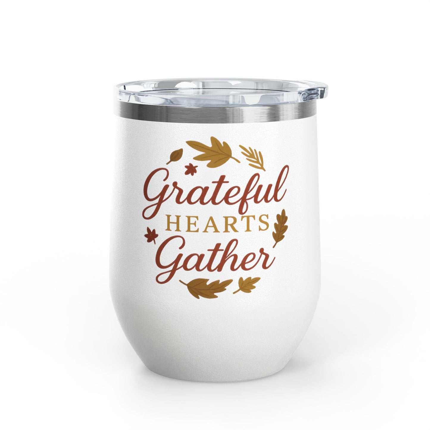 Grateful Hearts Gather 12oz Wine Tumbler — Thanksgiving Fall Leaves Stemless Cup