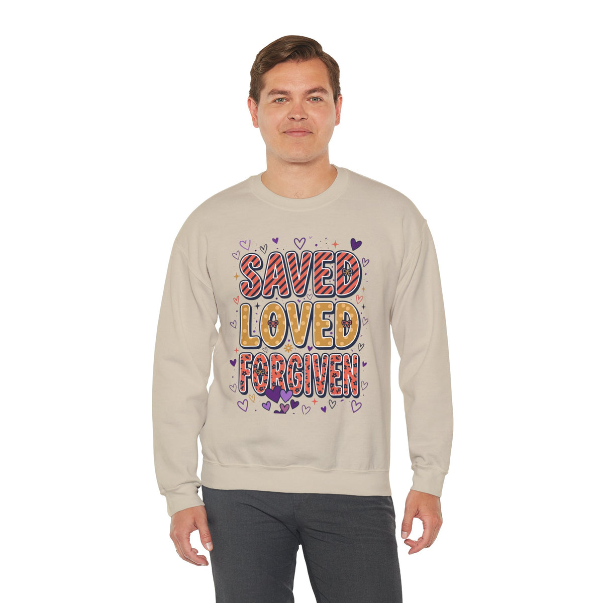 Saved Loved Forgiven Sweatshirt | Christian rainbow scripture style