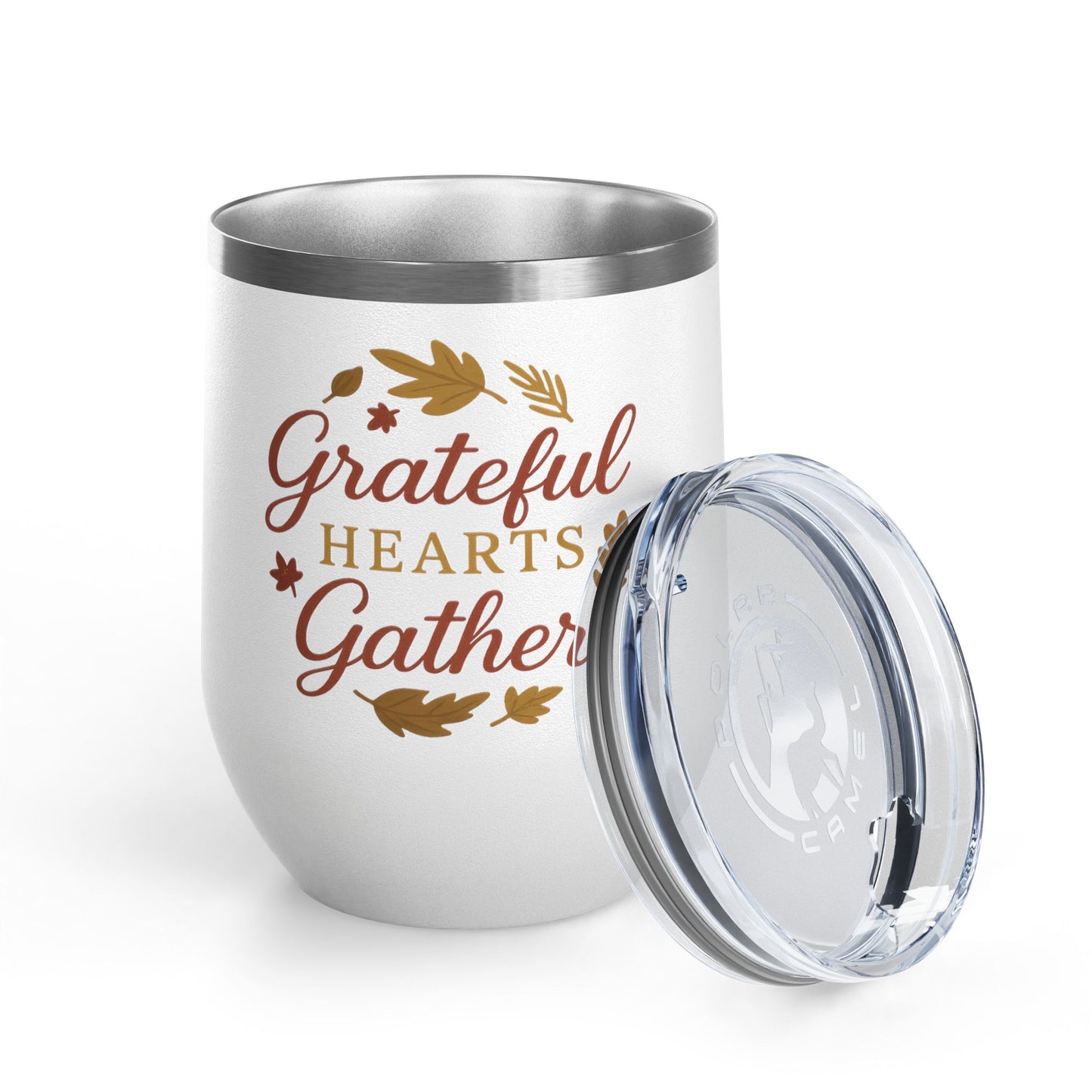 Grateful Hearts Gather 12oz Wine Tumbler — Thanksgiving Fall Leaves Stemless Cup