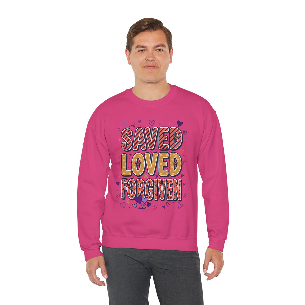 Saved Loved Forgiven Sweatshirt | Christian rainbow scripture style