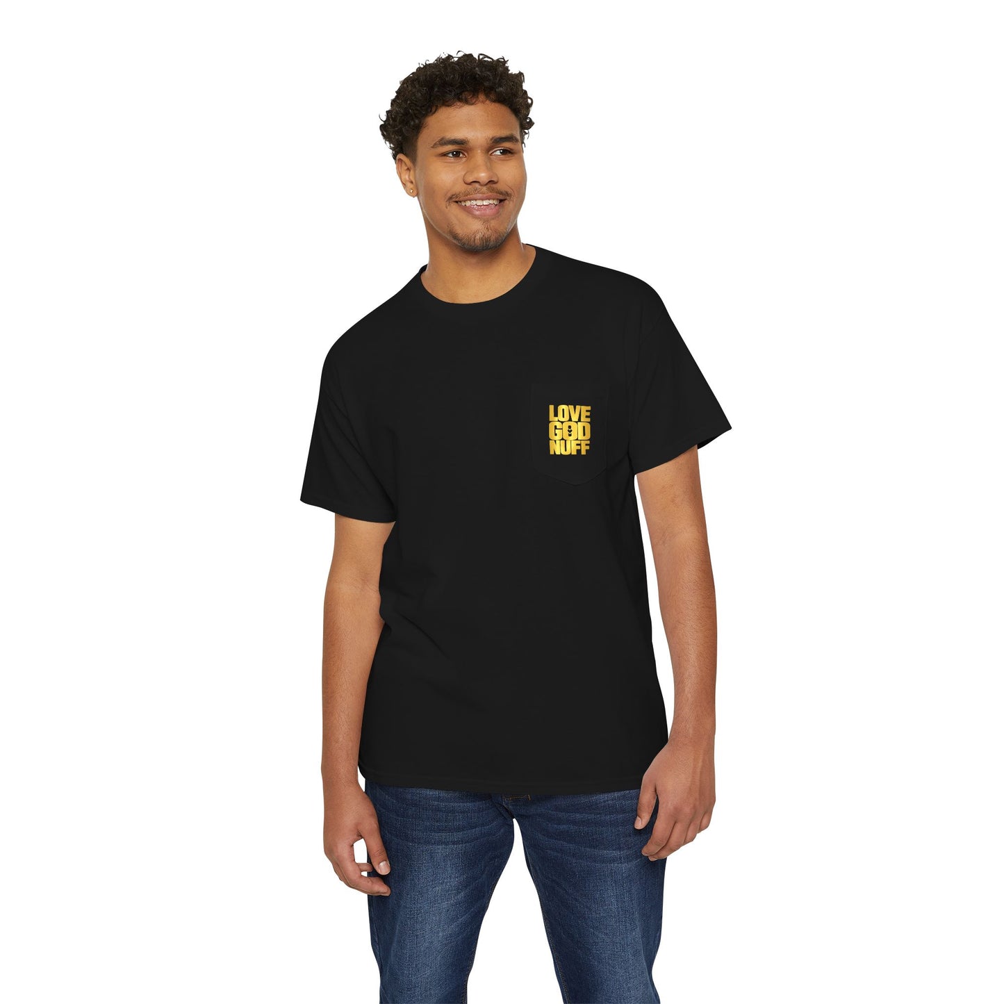 Gold Foil Pocket T-Shirt — "love God Nuff" Minimalist Metallic Chest Tee