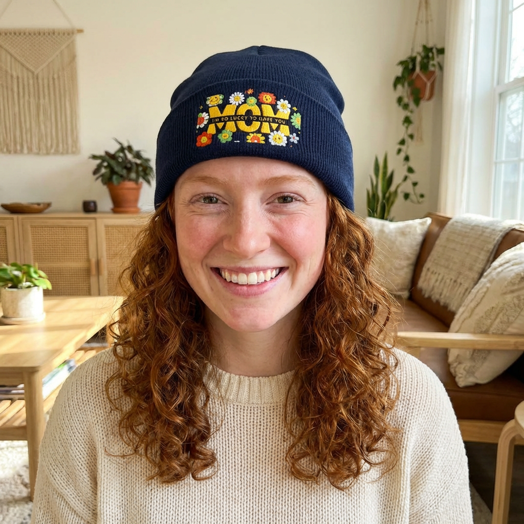 Embroidered 'Mom' Floral Knit Beanie – Cozy Mother's Day Gift