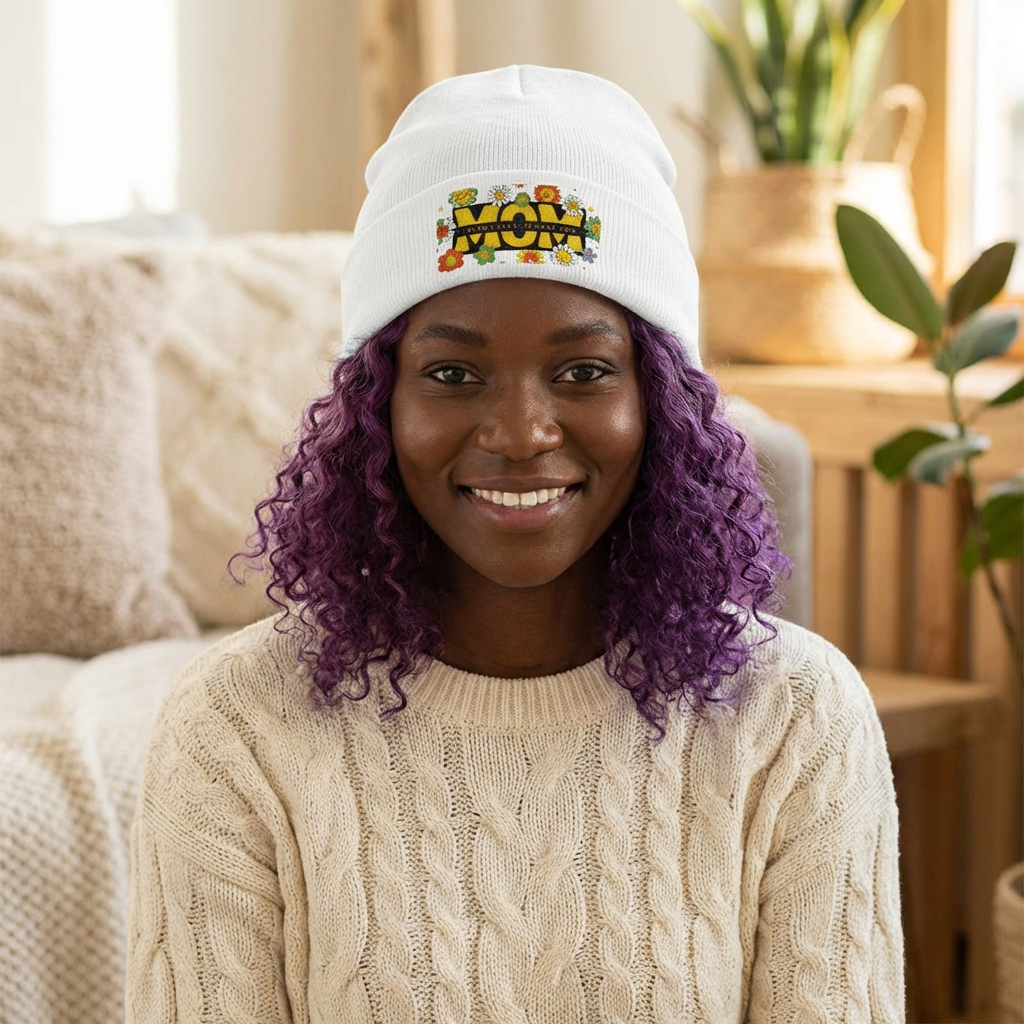 Embroidered 'Mom' Floral Knit Beanie – Cozy Mother's Day Gift