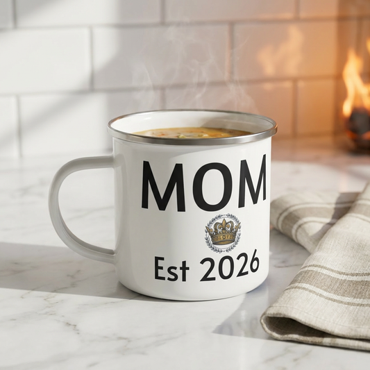 Mom Est 2026 Enamel Camping Mug — First Time Mom & Pregnancy Gift