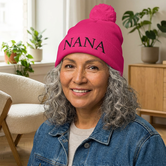 Nana Embroidered Pom-Pom Beanie – Cozy Knit Winter Hat, Ideal Grandma Gift