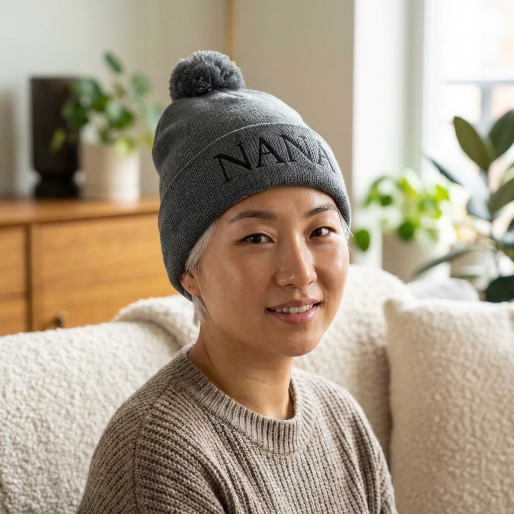 Nana Embroidered Pom-Pom Beanie – Cozy Knit Winter Hat, Ideal Grandma Gift