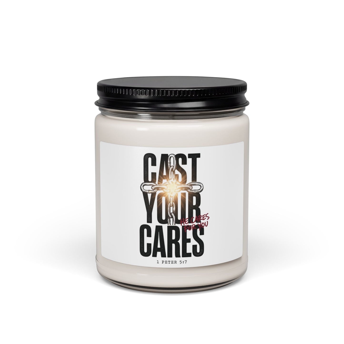 Cast Your Cares Candle | Soy Jar Candle, Christian Streetwear Scripture Design