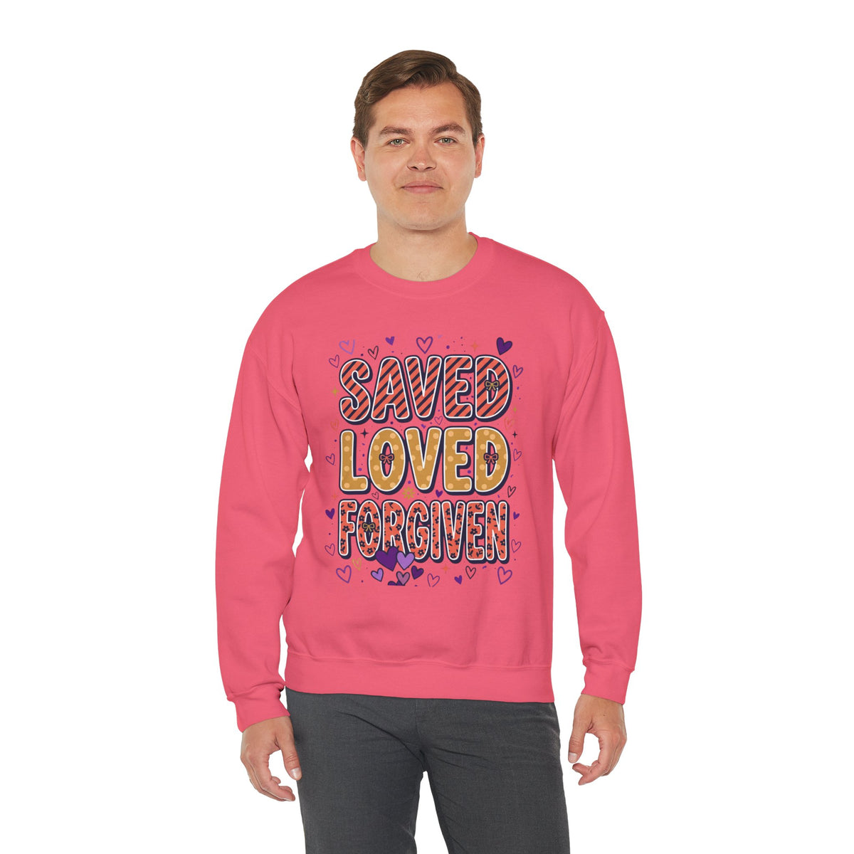 Saved Loved Forgiven Sweatshirt | Christian rainbow scripture style