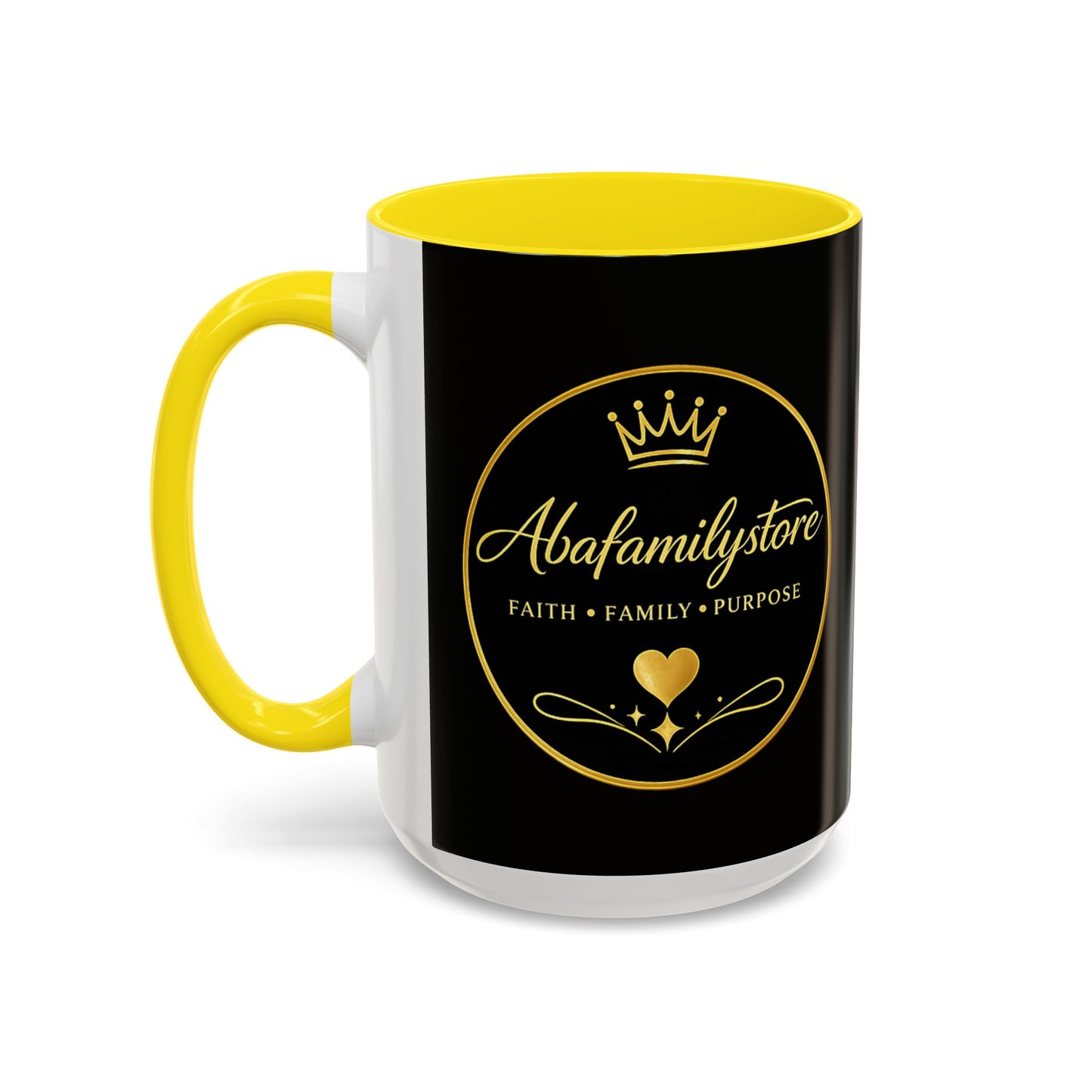 Black Accent Coffee Mug — "Abafamilystore: Faith • Family • Purpose" Gold Logo
