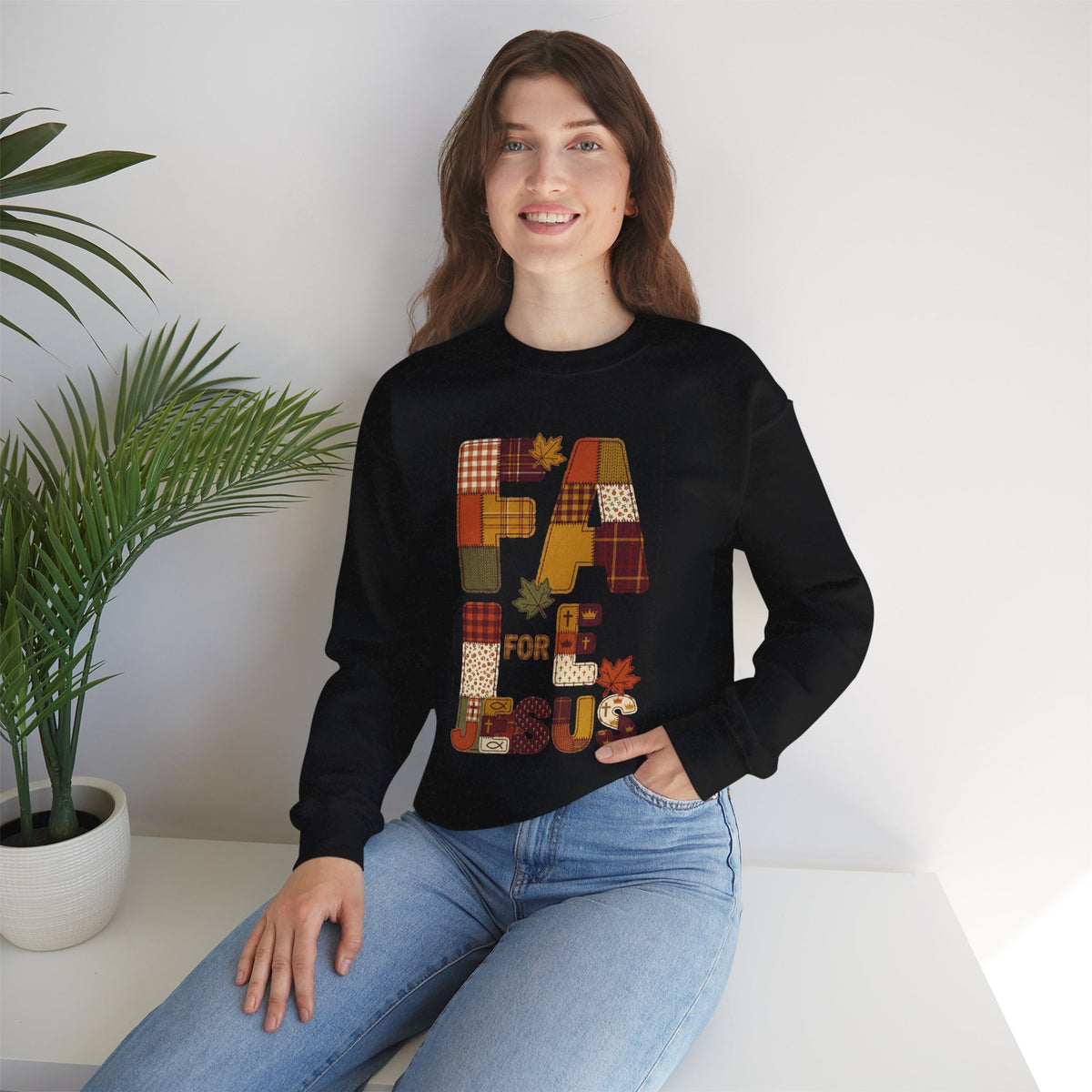 Fall Patchwork "Fae for Jesus" Crewneck Sweatshirt | Thanksgiving Harvest