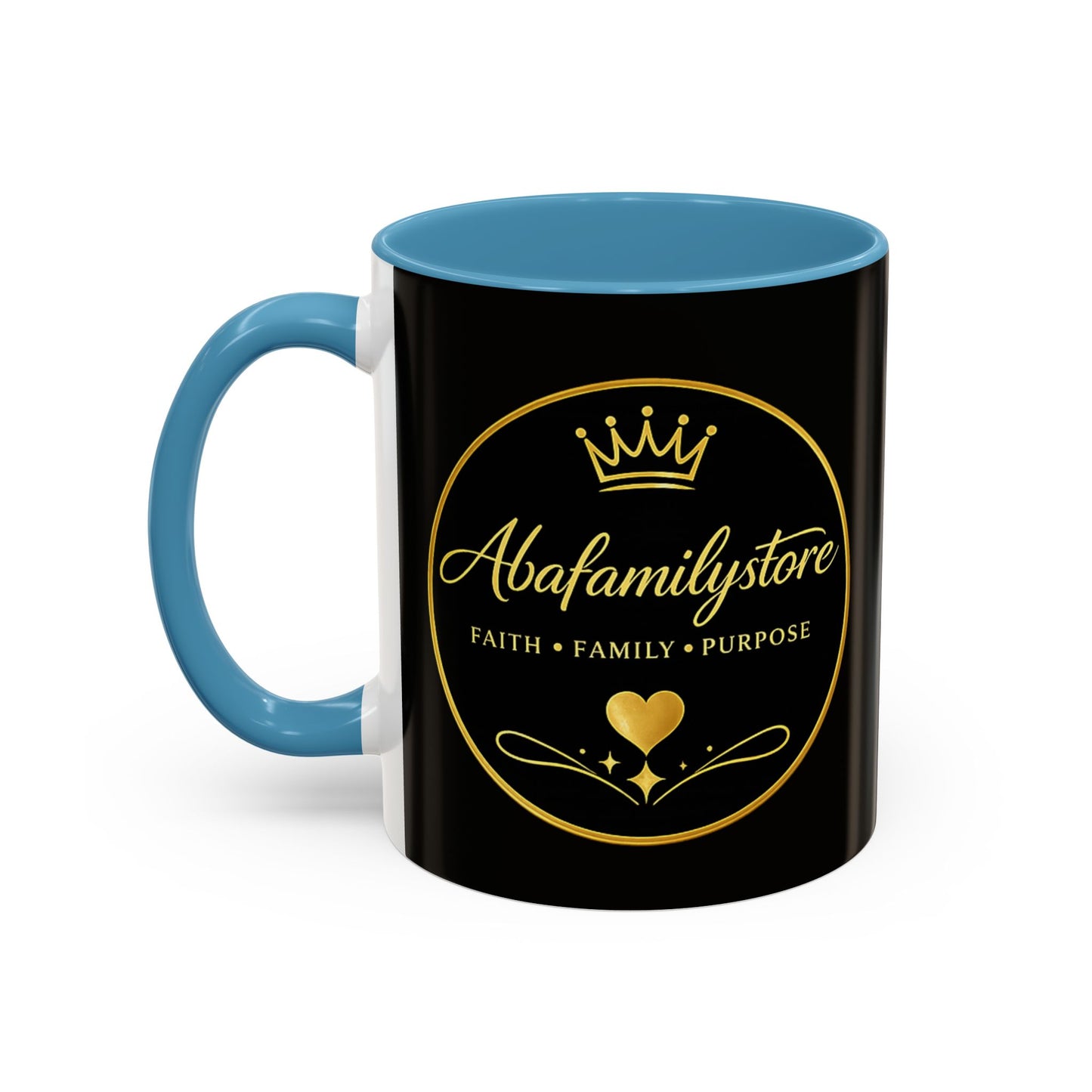 Black Accent Coffee Mug — "Abafamilystore: Faith • Family • Purpose" Gold Logo