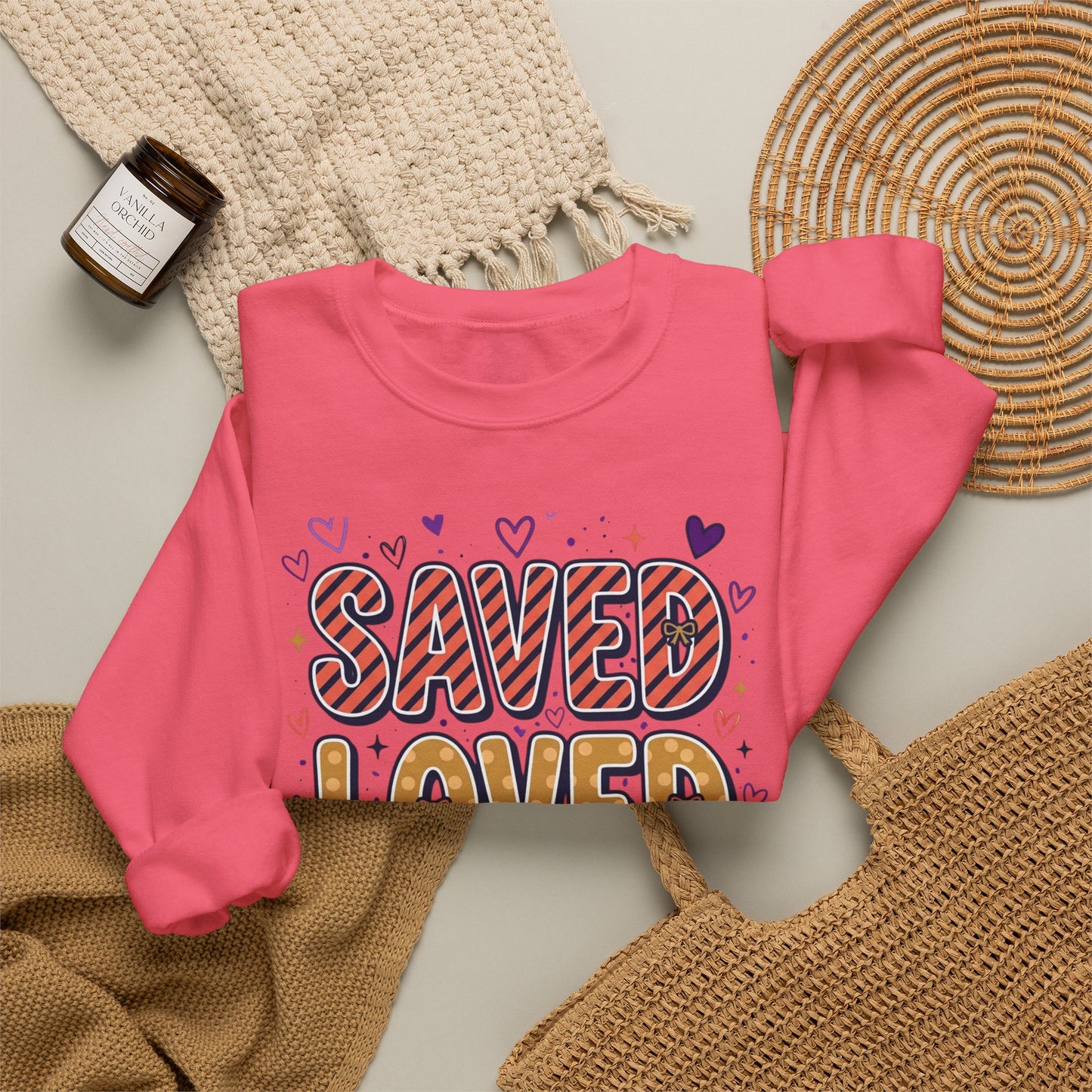 Saved Loved Forgiven Sweatshirt | Christian rainbow scripture style