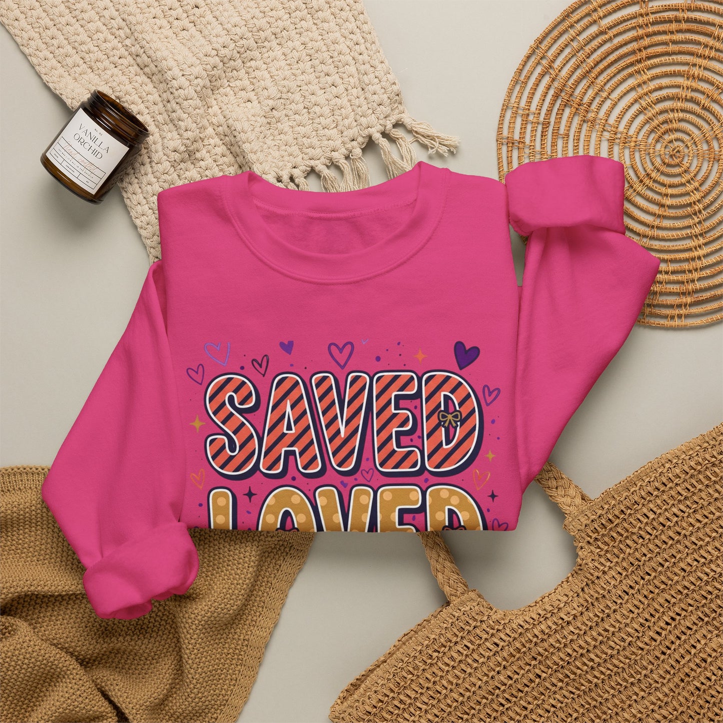 Saved Loved Forgiven Sweatshirt | Christian rainbow scripture style