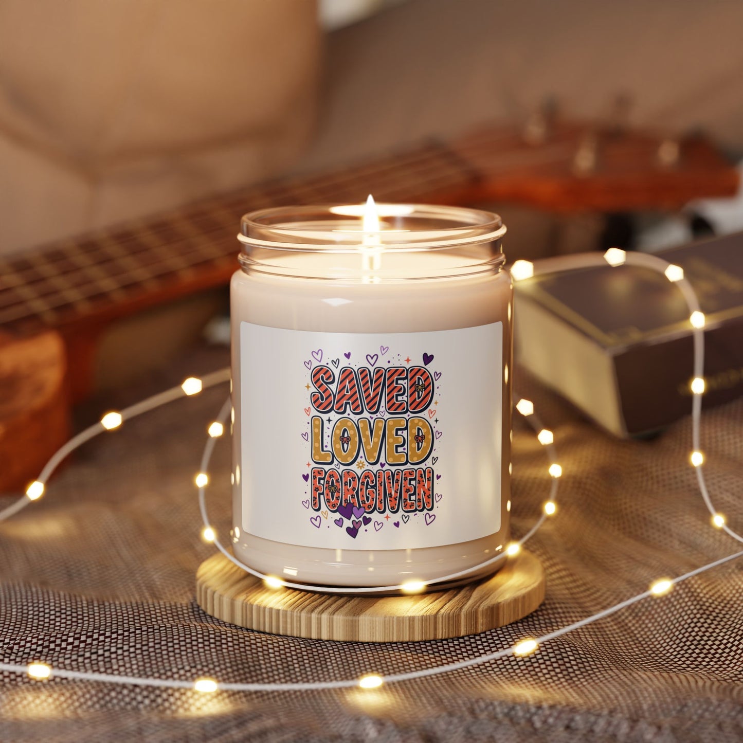 Saved Loved Forgiven Candle | Christian faith soy candle, colorful scripture design