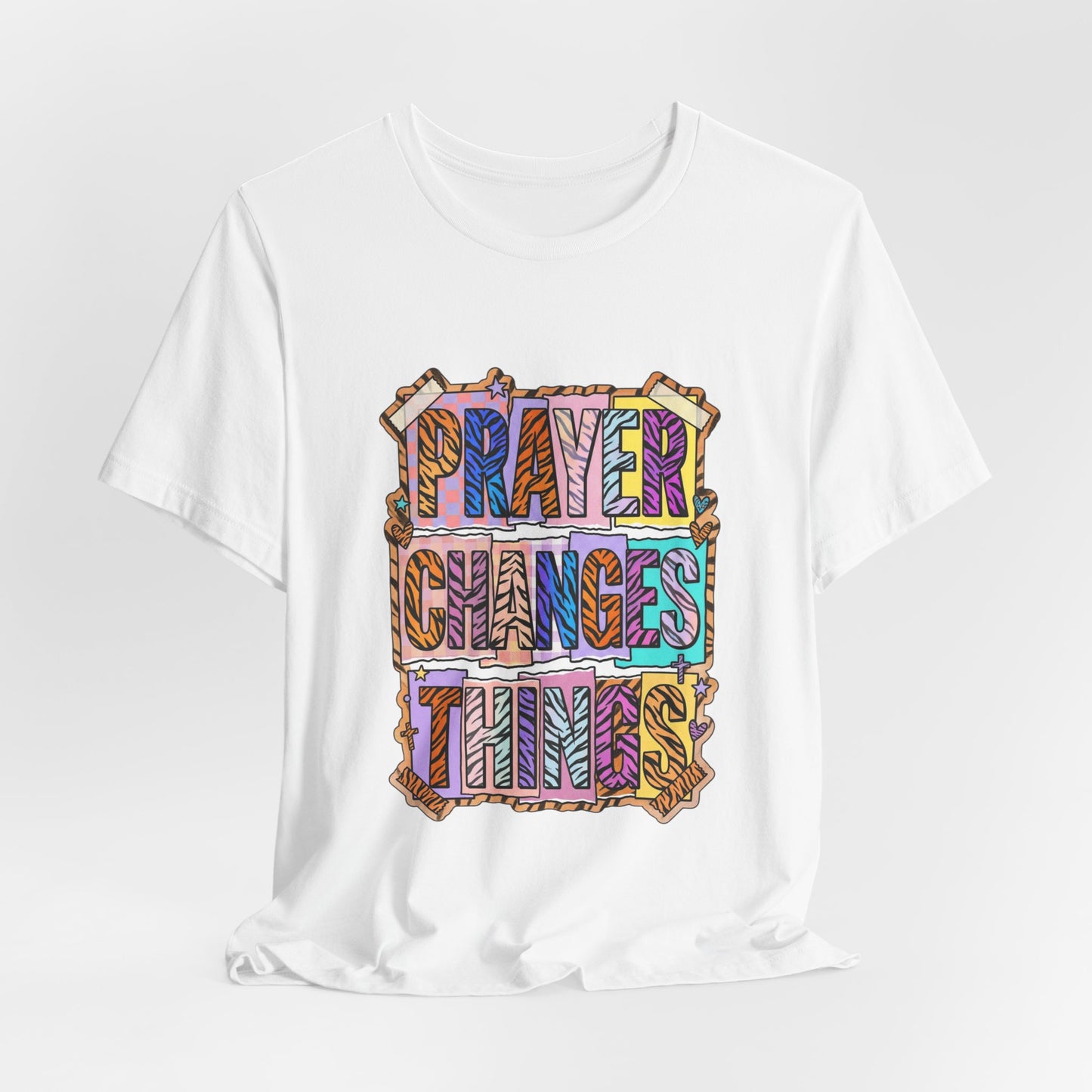 Prayer Changes Things Tee | Christian Rainbow Scripture, Playful Mixed-Font Faith Shirt