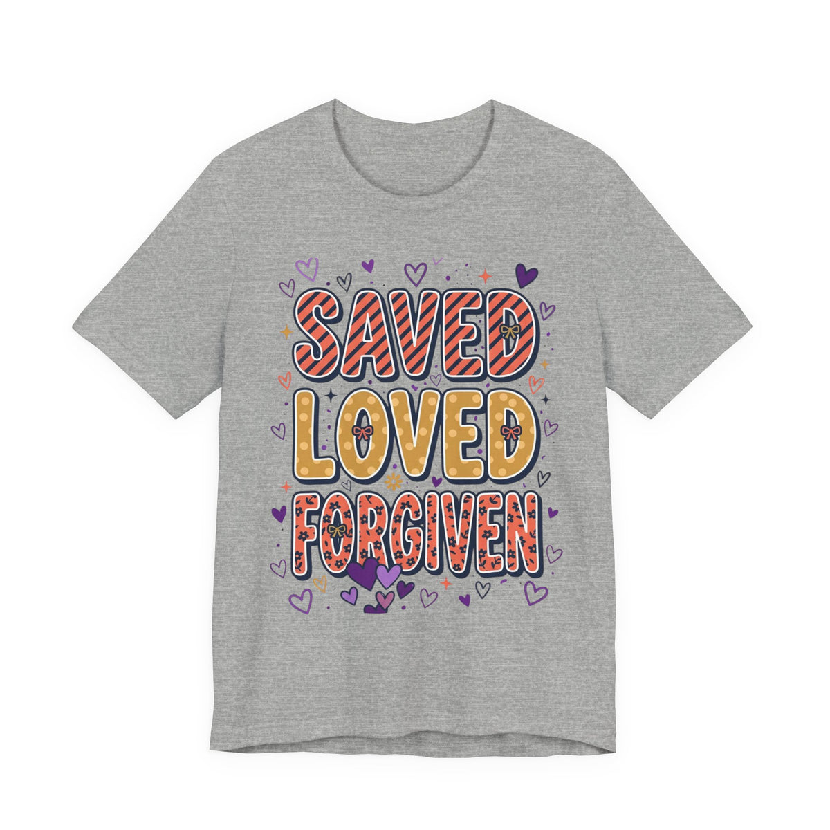 Saved Loved Forgiven T-Shirt | Christian Rainbow Scripture Tee, Playful Faith