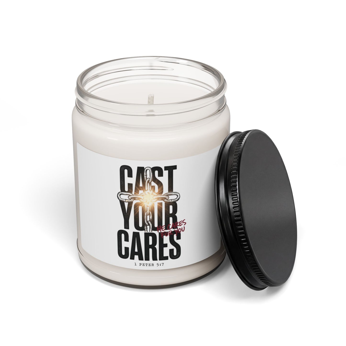 Cast Your Cares Candle | Soy Jar Candle, Christian Streetwear Scripture Design