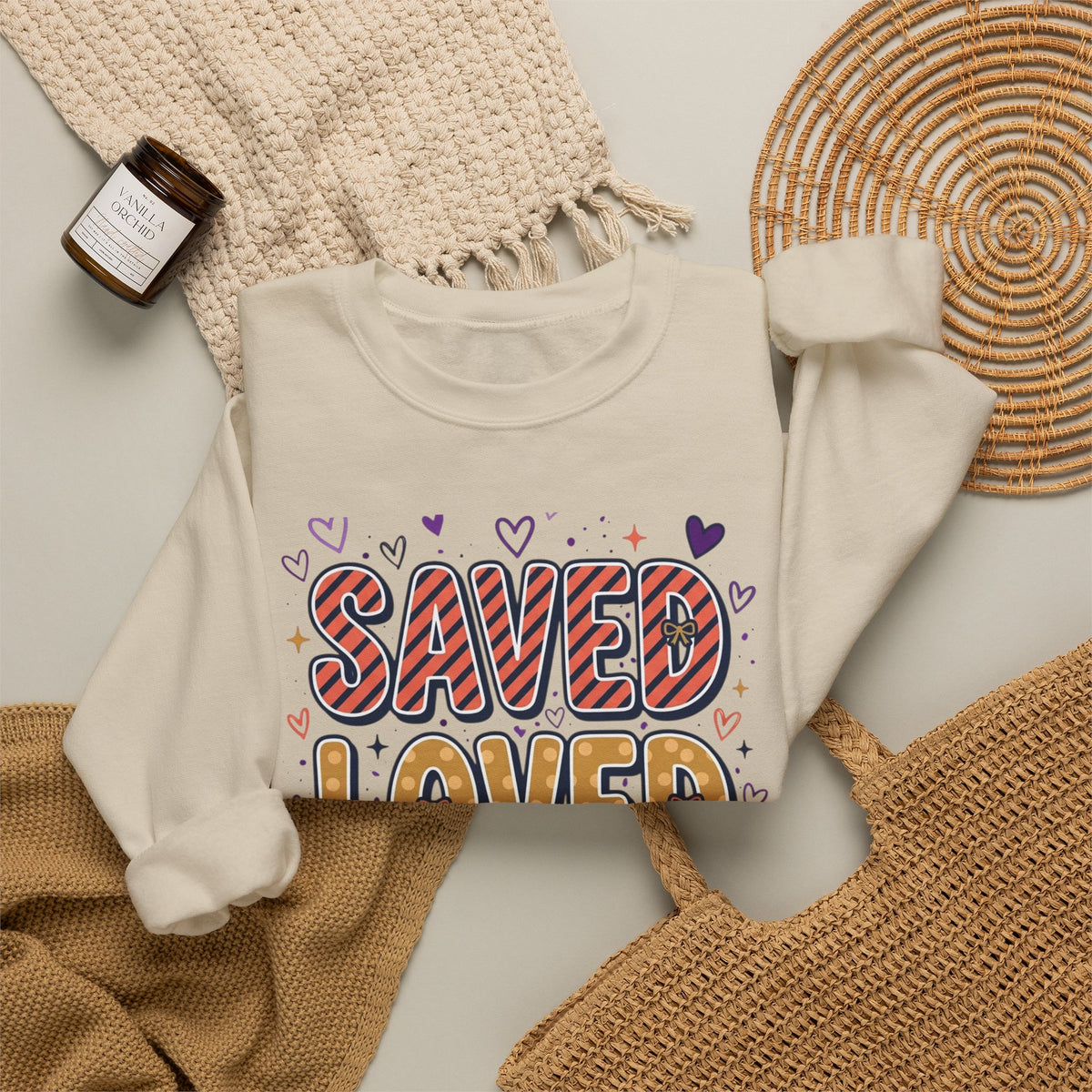 Saved Loved Forgiven Sweatshirt | Christian rainbow scripture style