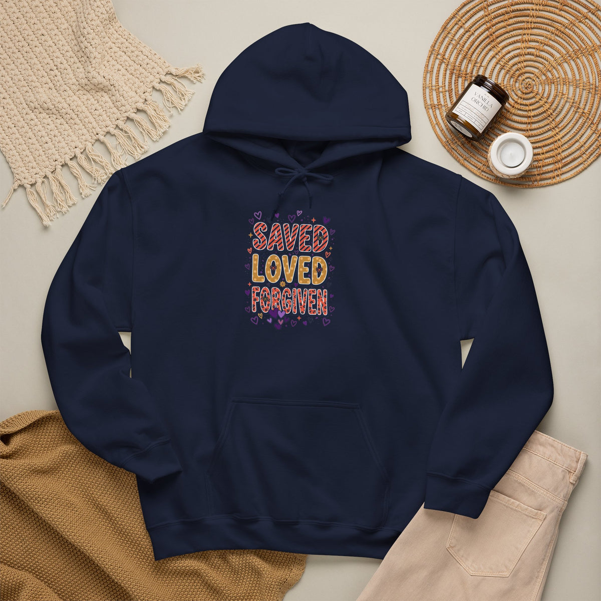 Saved Loved Praised hoodie | Christian rainbow scripture design