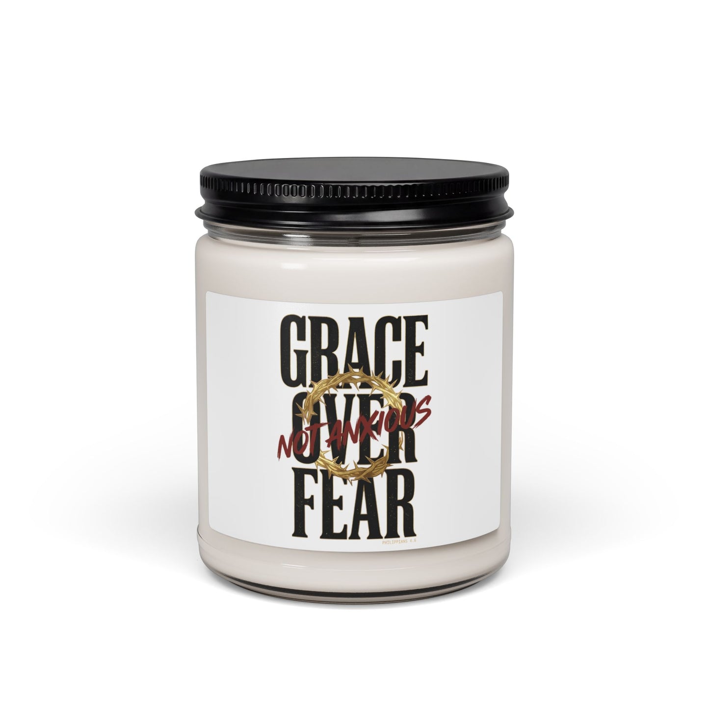 Grace Over Fear Soy Candle | Christian Streetwear Typography, Distressed Script