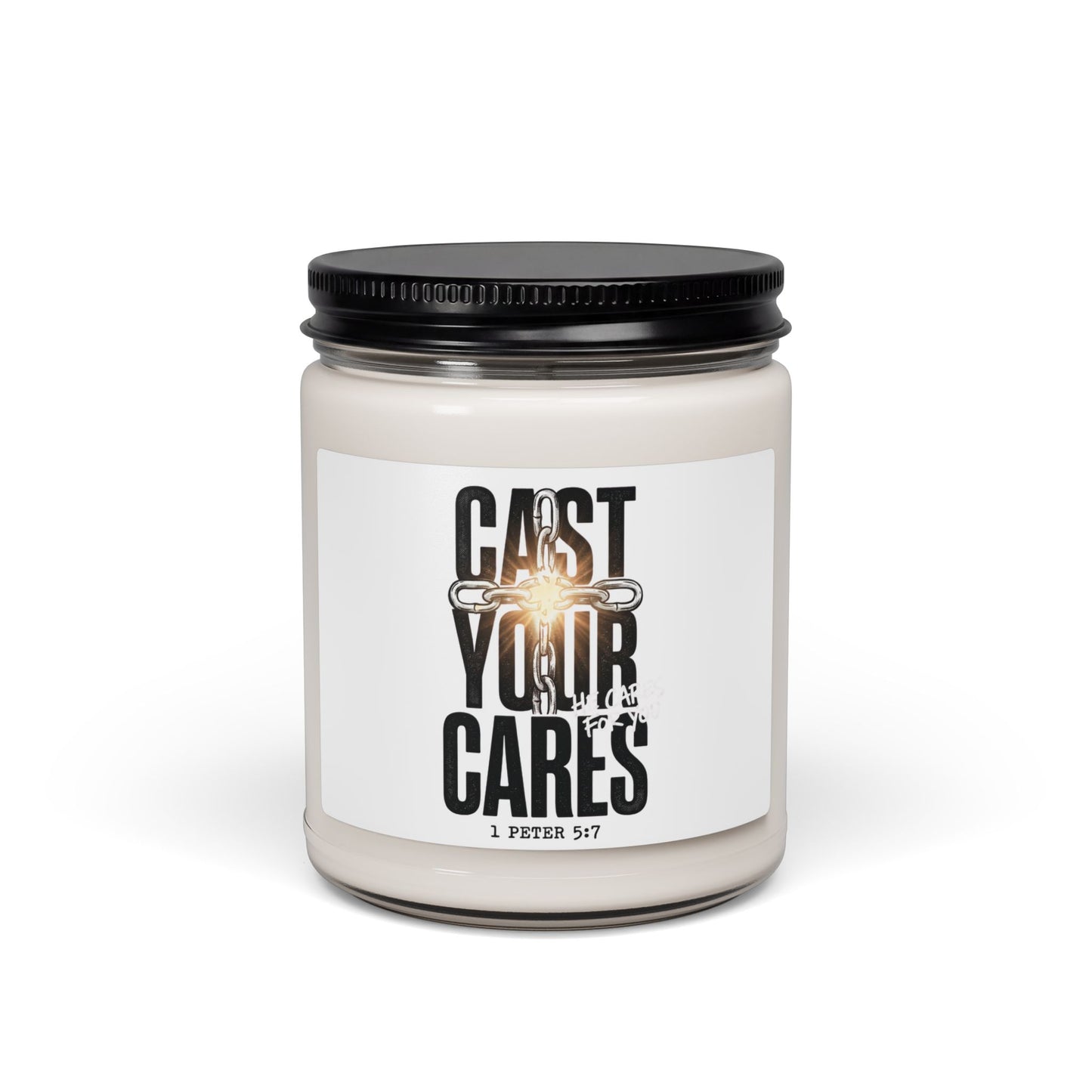 Cast Your Cares Candle, Soy Jar | Christian Streetwear, Scripture 1 Peter 5:7