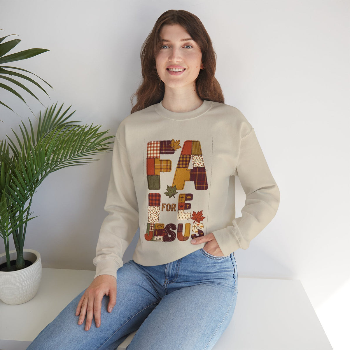 Fall Patchwork "Fae for Jesus" Crewneck Sweatshirt | Thanksgiving Harvest