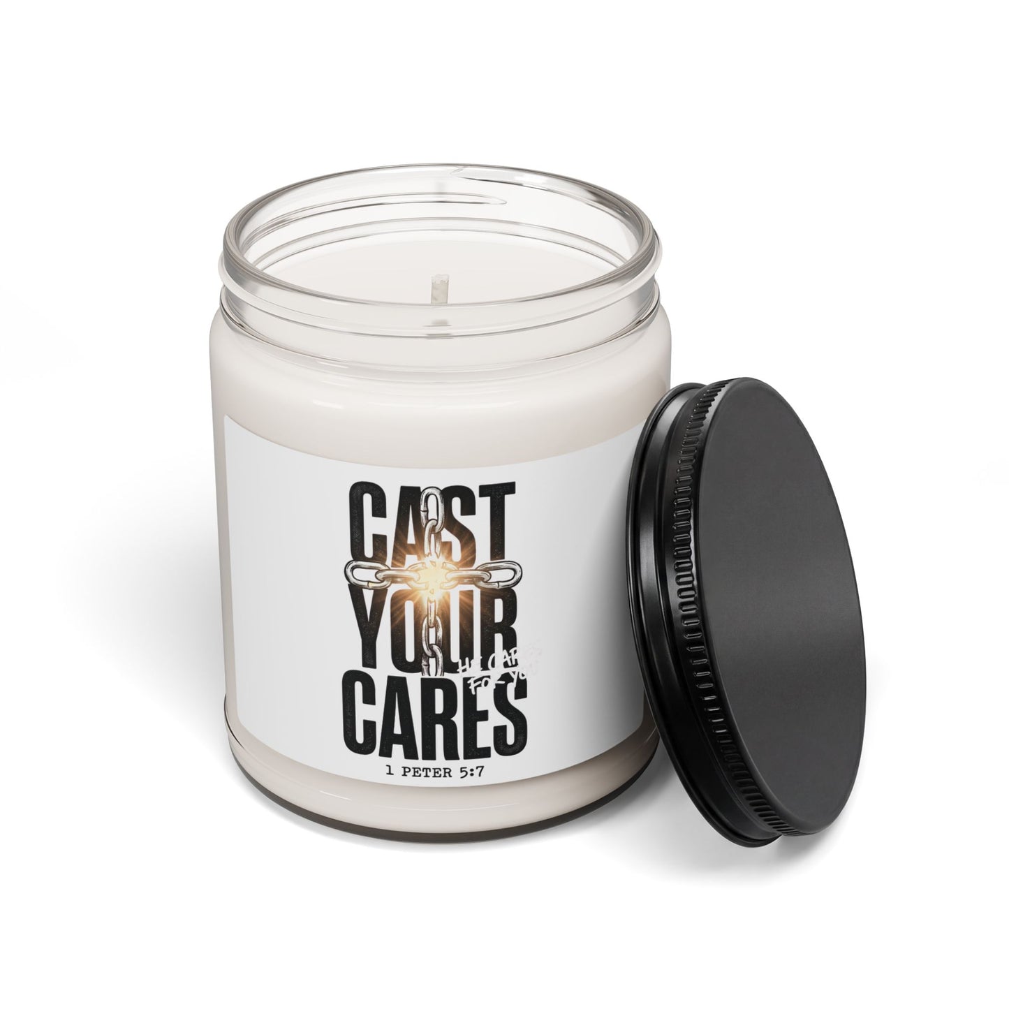 Cast Your Cares Candle, Soy Jar | Christian Streetwear, Scripture 1 Peter 5:7