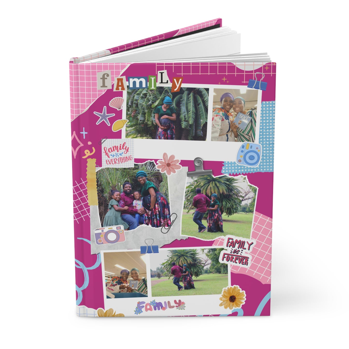 Family Photo Collage Hardcover Journal — Pink Scrapbook Style "Family Forever" Notebook